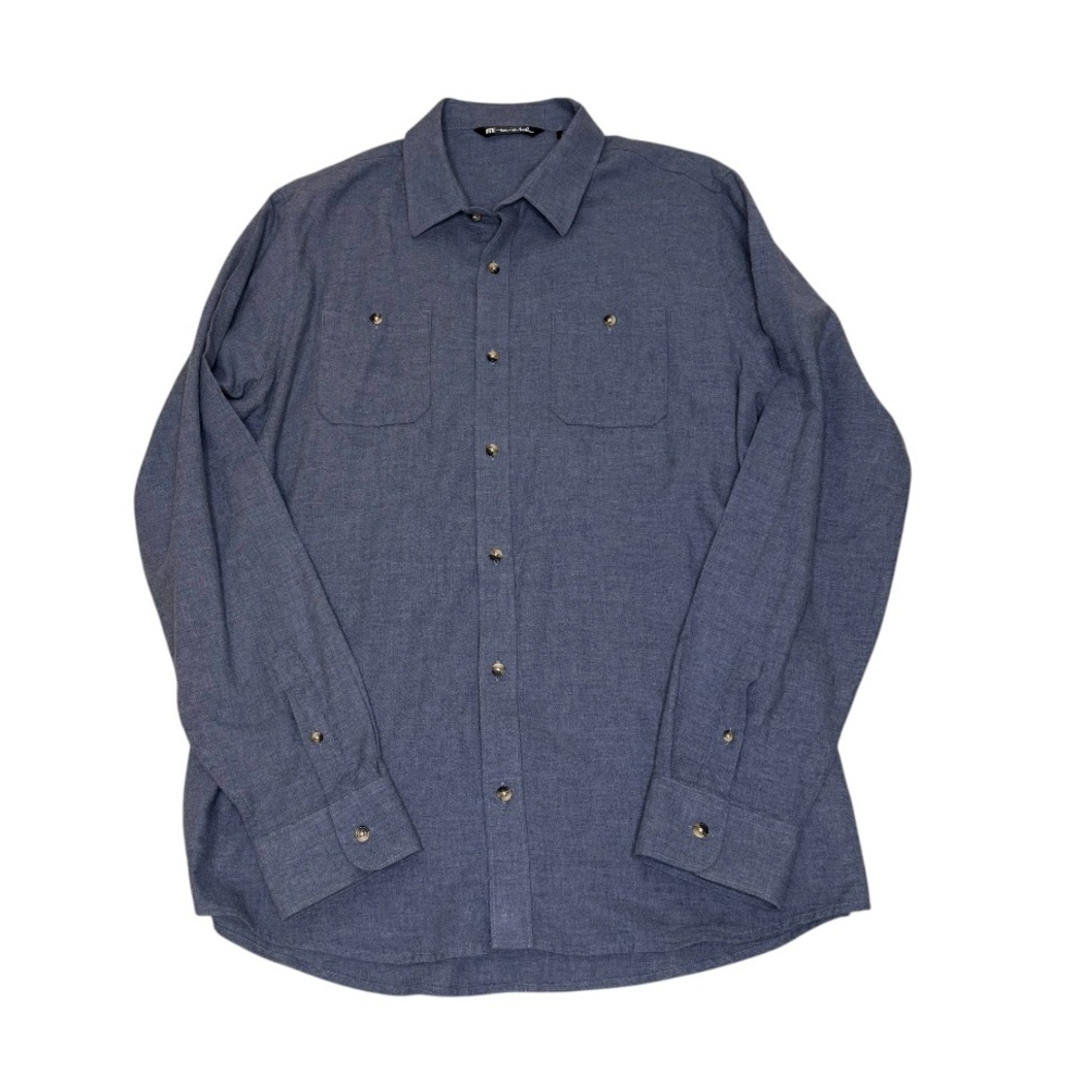 Travis Mathew Button Up Shirt Mens XL Blue/Gray Cotton Long Sleeve Chest Pockets